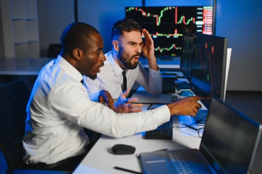Stressed business mans crypto trader broker investors analyzing stock exchange market crypto trading