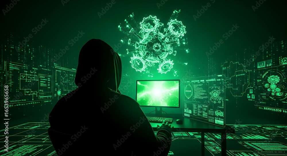 Poster a person working in a dimly lit, green-hued room with complex technological displays, focused on mon