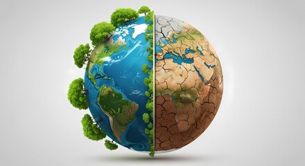 Fototapeta premium A powerful conceptual illustration of Planet Earth divided, contrasting a lush green ecosystem with a dry, cracked landscape symbolizing climate change.