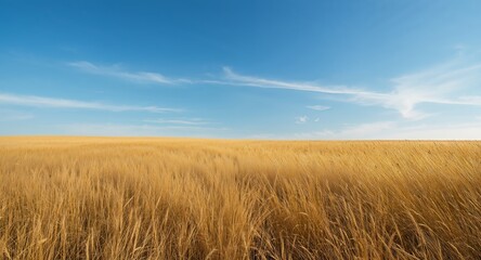 Obraz premium Endless Golden Wheat Field Under a Bright Blue Sky with Wispy Clouds, Summer Harvest.