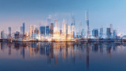 Naklejka premium City skyline reflected on water at dawn