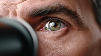 Man with a green eye is looking through a camera lens. Concept of curiosity and wonder as the man peers through the lens to explore the world around him
