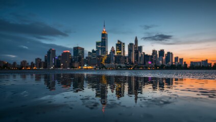 Obraz premium Ethereal Cityscape. Soft Focus Evening View with Water Reflections of a Modern Metropolis.