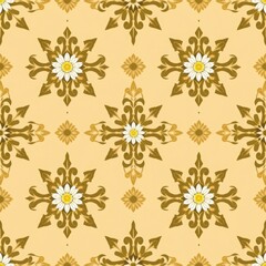 Repeated pattern featuring beige floral designs with white daisy centers on a beige background