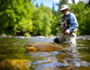 A man fly-fishing, a brown trout in a shallow river