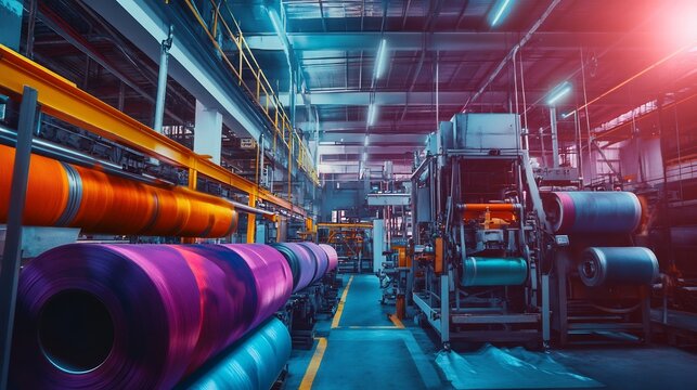 Large industrial dyeing machine in a textile factory with vibrant colored fabrics being processed in rolling drums surrounded by metal machinery and bright overhead lights in a clean spacious workshop