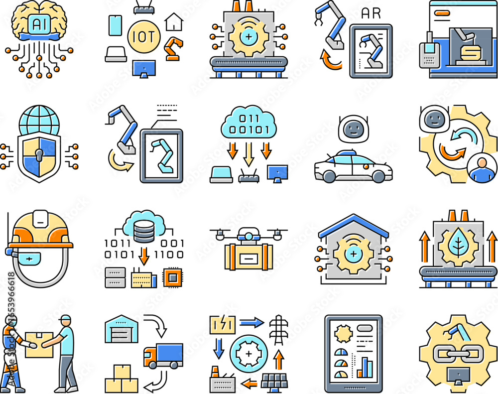 Aufkleber industry 4.0 automation robotics icons set vector