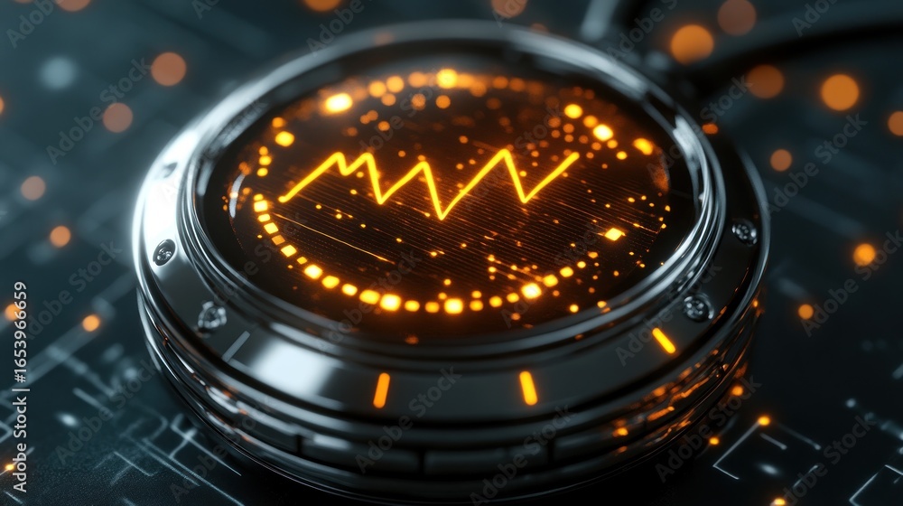 Poster close-up view of a futuristic display showing a fluctuating graph.