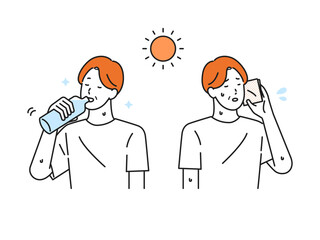 イラスト素材：マスクを外して水分補給するシニア男性