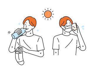 イラスト素材：汗を拭いたり、水分補給するシニア男性