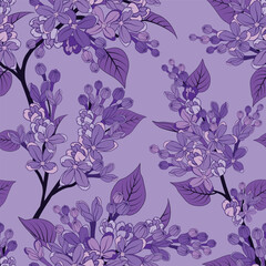 Fototapeta premium Vector illustration. Monochrome lilac blooms seamless repeat pattern on very peri background. Best for wallpaper, home decor and packaging.