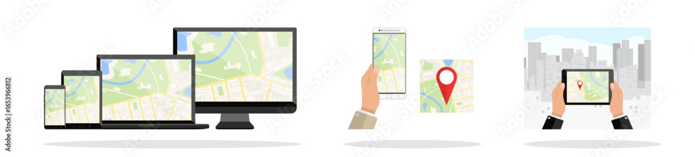 Poster flat style vector illustration of location map application on different device screens like smartpho