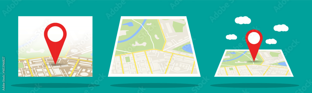 Poster set of three stylized map concepts with location pins. vector flat illustration for navigation and t