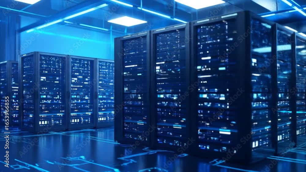 Poster modern data center visuals: server racks in blue lighting for technological concepts