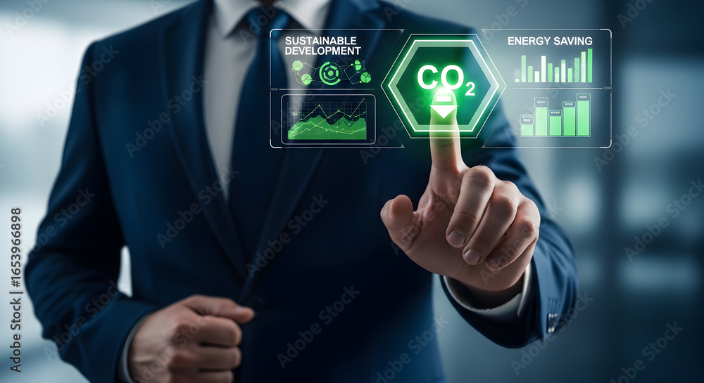 Poster professional person interacting with a digital interface displaying data related to environmental co