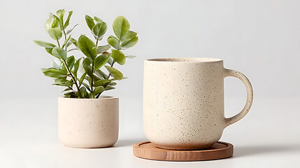 ceramic_mug,white_ceramic_pot,green_plant,wooden_saucer,natural_lighting,minimalist_design,neutral_colors,modern_decor
