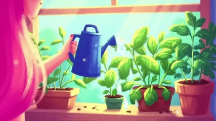 Young woman with pink hair watering indoor plants by a sunlit window, nurturing growth