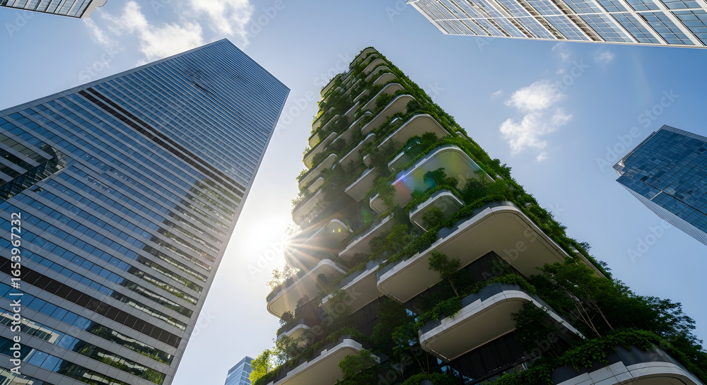 Poster low angle view of tall buildings with a unique structure, and a bright sky suggesting forward thinki