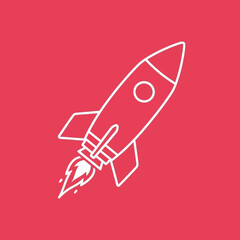 White rocket outline launching with fire on red background.