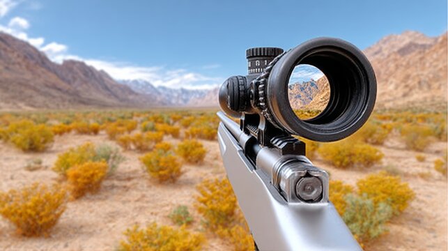 Person is holding a rifle and looking through a scope. The scene is set in a desert with mountains in the background. Scene is tense and focused, as the person is preparing to take a shot