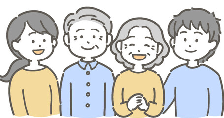 シニア夫婦と若い男女の家族のイラスト

