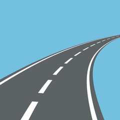 A curving asphalt road with white dashed lines under a clear blue sky.