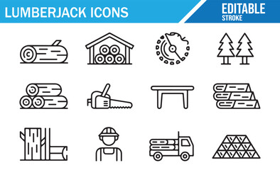 Forestry and Lumberjack Icons Featuring Wood Cutting, Sawing, and Timber Transport