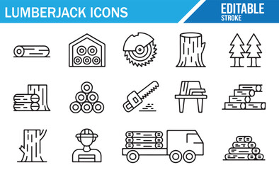 Fototapeta premium Set of Icons for Lumberjack, Logging Equipment, and Wood Processing