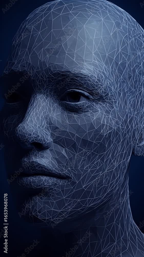 Poster digital abstract face 3d rendering in blue tones and futuristic design