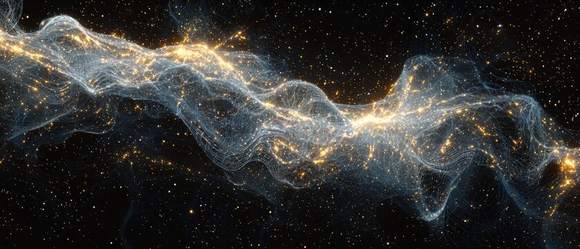 Swirling blue mesh waves dance in a cosmic black digital landscape