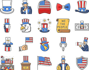 uncle sam patriotism propaganda icons set vector