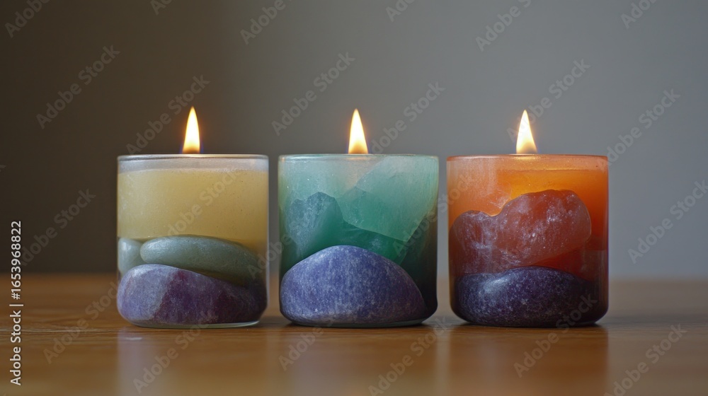 Poster three decorative candles, each featuring a captivating layered design of colorful stones, create a w