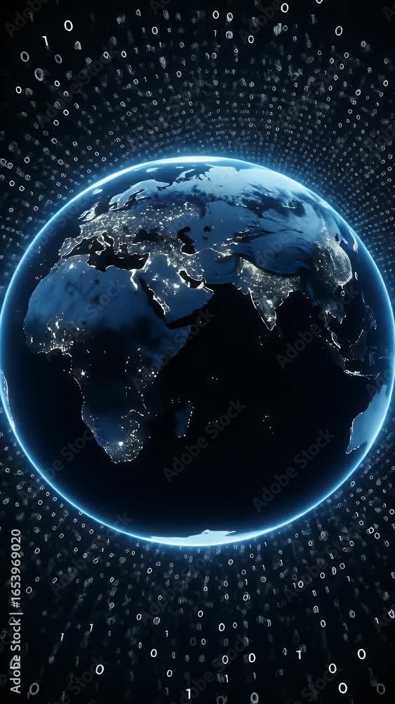 Poster digital earth with binary code tunnel illustration