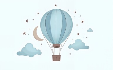 Vector illustration of hot air Balloon, clouds, crescent moon and stars in pastel blue colors. Linear drawing of vintage aircraft for Baby shower greeting cards or childish party invitations.