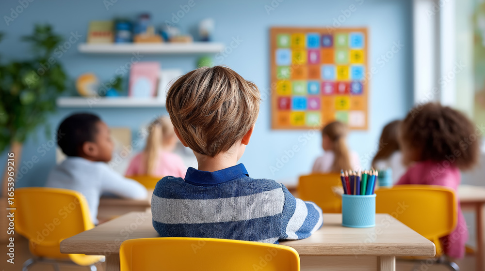 Poster child focused on classroom activities, seated at desk in colorful learning space. walls adorned with
