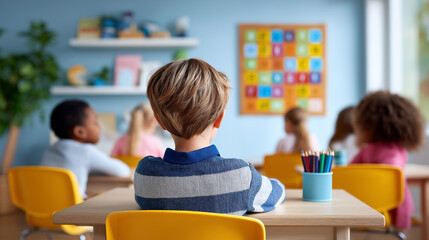 Child focused on classroom activities, seated at desk in colorful learning space. Walls adorned with alphabet chart, promoting education and engagement