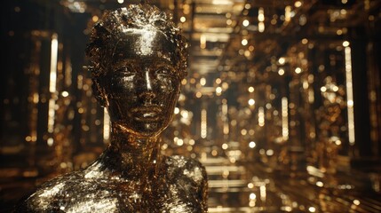 Black and gold foil, celebrity AI chatbot, VIP event space, glamorous and private, avatar mimicking celeb answering fans