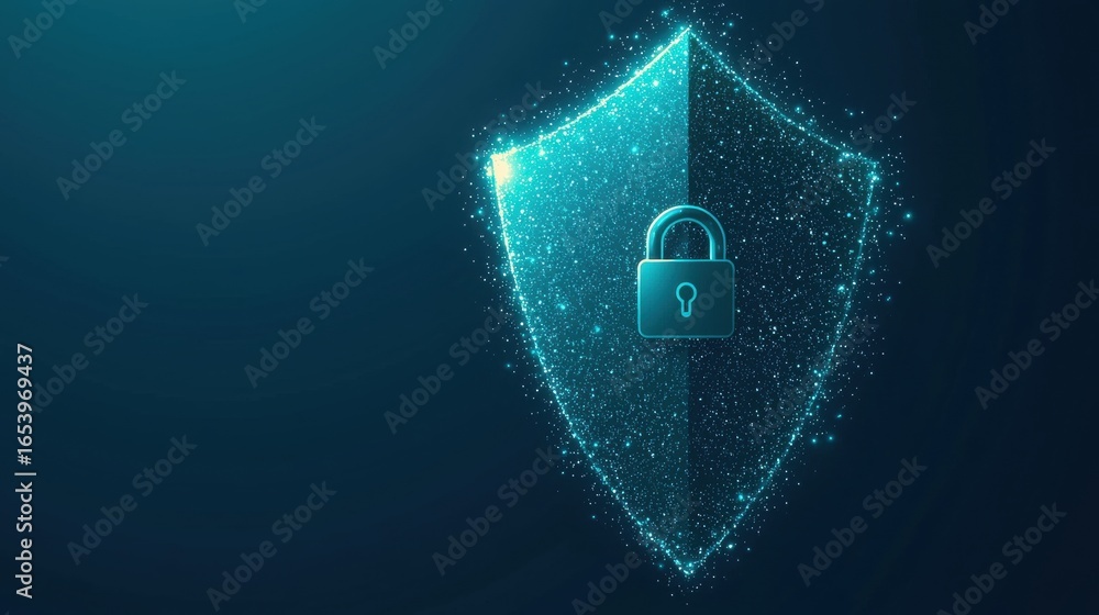 Poster security firewall and shield icon metallic shield with a padlock icon, glowing blue background, symb