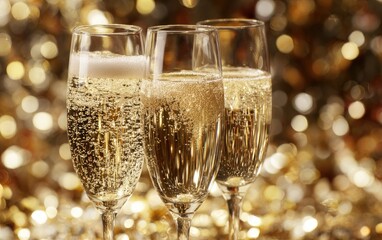 Three champagne flutes filled with bubbly wine against a golden bokeh background