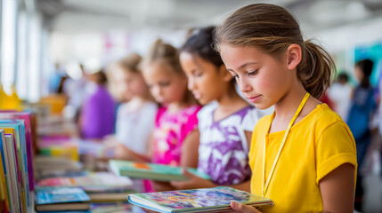 Children browse colorful books at a lively school book fair, displaying enthusiasm for reading and discovery. Bright classroom atmosphere encourages learning and social interaction