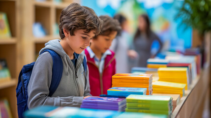 Young boys examining books at lively school book fair event. Bright classroom filled with colorful book displays creates inviting learning space
