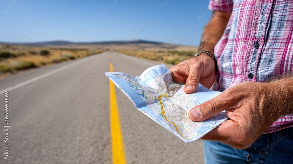 Poster Man is holding a map and looking at it on a road. The road is empty and the sky is clear