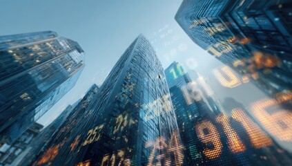 Urban cityscape with financial data overlay