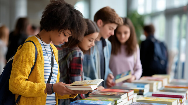 Students explore a variety of books at a lively book fair. Bright indoor location filled with natural light encouraging reading and learning. Concept of literacy, education, community engagement