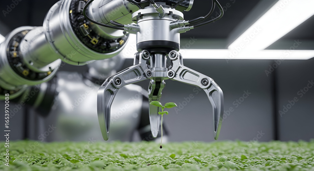Poster close-up view of a robotic arm tending to plants in a controlled environment, highlighting automatio