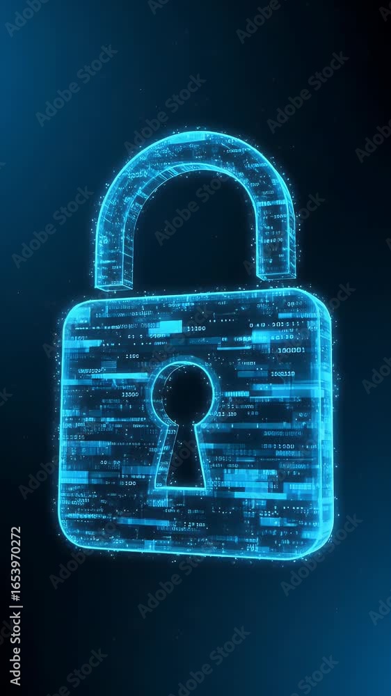 Poster digital security lock icon with blue data streams and particles