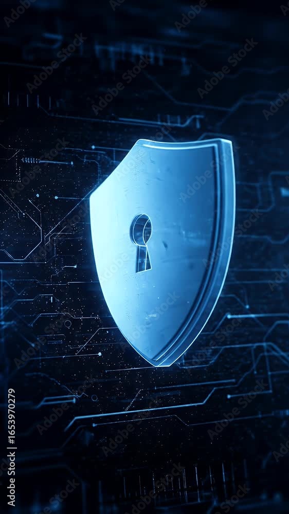 Poster digital security shield with keyhole protection over circuit board background