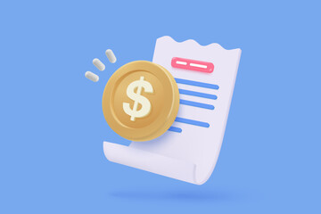 3D bill icon for payment transaction with notice. paper receipt for shopping offer in store. Business invoice bill expenses idea concept. 3d invoice list icon vector render illustration
