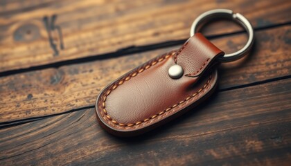 Close up of a brown leather keychain with a metal ring on a dark wooden textured surface