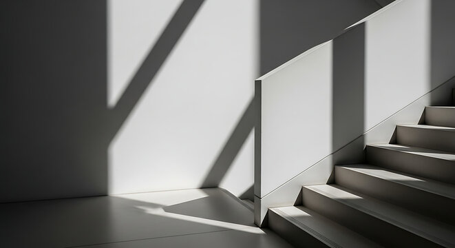 Escaleras modernas con sombras de luz solar en blanco y negro
